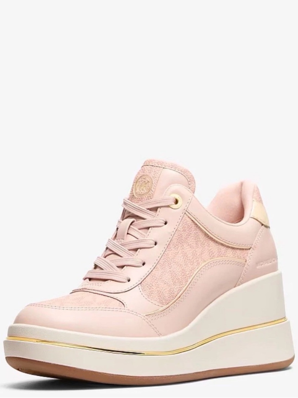 Michael Kors Size 8 Blush Pink Wedge Platform Sneaker with Gold Trim New In Box